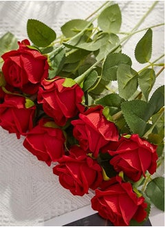 اشتري 8-Piece Red Real Touch Non Toxic Artificial Rose Flowers 45 x 7cm في الامارات