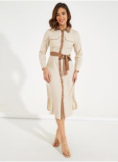 Buy Contrast Trim Buttoned Shirt Midi Dress with Tie Belt in Saudi Arabia