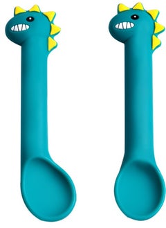 Buy 2 Pcs Cocome Dinosaur Shaped Baby Feeding Training Spoon with Travel Box (Long Blue) in Saudi Arabia