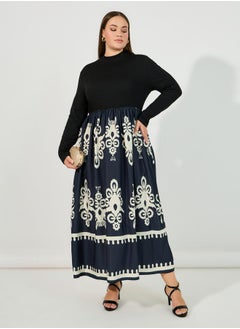 Buy Plus Size Damask Print High Neck A-Line Maxi Dress in Saudi Arabia