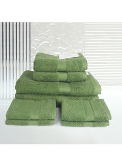 اشتري 8 Pcs MATRIX Dyed Towel set 500 GSM 100% Cotton Terry Zic Zac Border 2 Bath Towel (70x140) cm, 2 Hand Towel (50x90) cm, & 4 Face Towel (33x33) cm Soft Feel Highly Absorbent Dark Green Color في الامارات