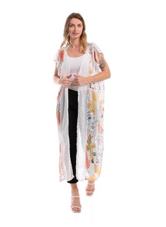 Buy Sleeveless Chiffon Long Cardigan With Patterned Accent - Off White in Egypt