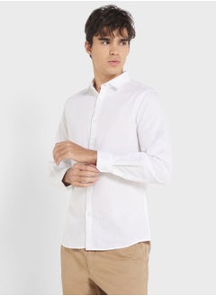 Buy Men White Regular Fit Solid Casual Linen Sustainable Shirt in UAE