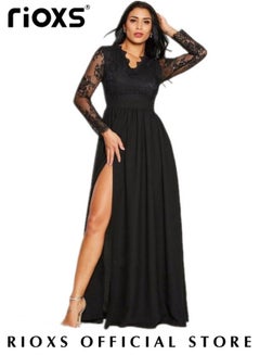 Buy Women's Elegant Lace Long Dress Long Sleeve Chiffon Party Wedding Maxi Dress Evening Cocktail Dresses For Special Occasions in UAE
