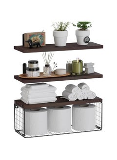 Buy Rustic Brown Floating Bathroom Shelf with Wire Basket - Wall Mounted Toilet Storage in UAE