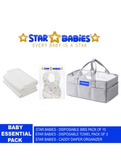 اشتري Baby Essentials Pack Of 4 Caddy Organizer Diaper Big Bibs 10Pcs Towel 3Pcs Grey New في الامارات
