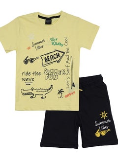 Buy Urbasy Kids Boys Printed Round Neck lemon yellow T-Shirt With Navy Blue Shorts in UAE
