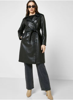 Buy Belted Longline Pu Coat in UAE