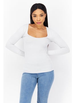 Buy Women Square Neck Long Sleeves Plain Sweatshirt, Light Grey in UAE