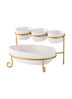 Buy Shallow Porcelain 2-Tier Oval Serving Set with Gold Stand Rack - 3x 10cm and 1x 24cm in UAE