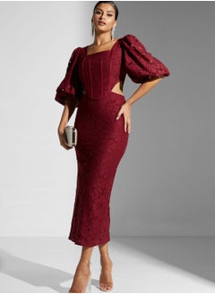 Buy Balloon Sleeve Lace Detail Dress in Saudi Arabia