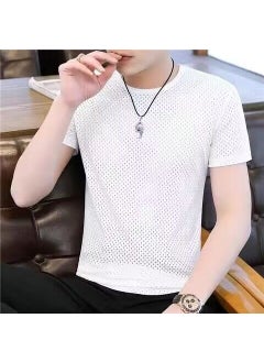 Buy 2024 Mens Casual Suit Slim Fit Fashion Summer Mesh short sleeve white in Saudi Arabia