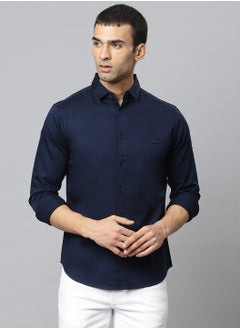 Buy Men Navy Blue Slim Fit Opaque Cotton Casual Shirt in UAE