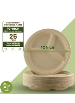 Buy Ecoway [10 Inch - Pack Of 25] Disposable 3 Compartment Plates Made With Bagasse Sugar Canes Microwave & Freeze Safe, Compostable & Biodegradable Dinner Plates, Everyday Tableware Strong & Large Brown in UAE