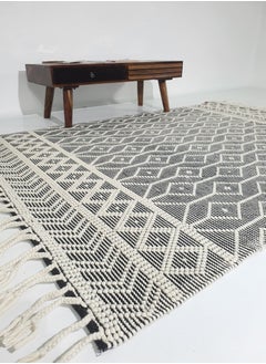 Buy Area rug for bedroom NZ wool and cotton Handmade woven rug carpet for living room carpet Woven rug with fringes grey and white color rug srn-018 in UAE