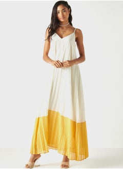 اشتري Pleated Sleeveless V-Neck Dress With Spaghetti Straps في الامارات