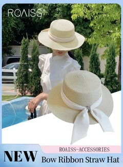 اشتري قبعة قش شاطئية للنساء في العطلات، ذات حافة واسعة وزخرفة قوس وشريط، قبعة صيفية كلاسيكية بقمة مسطحة، باللون البيج في الامارات