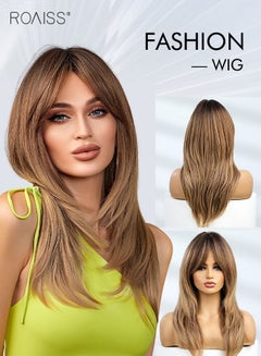 Buy 22 Inches Yellowish Brown Wig with Bangs for Women, Natural Soft Synthetic Heat Resistant Layered Hair Wig for Wedding Cosplay Party Daily Wear in Saudi Arabia