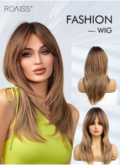 اشتري 22 Inches Yellowish Brown Wig with Bangs for Women, Natural Soft Synthetic Heat Resistant Layered Hair Wig for Wedding Cosplay Party Daily Wear في السعودية