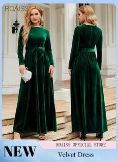Buy Women's Fashionable Velvet Dress Long Sleeve Round Neck Banquet Dress Elegant Pleated Dress Hem Belt Tightens Ankle Length in Saudi Arabia