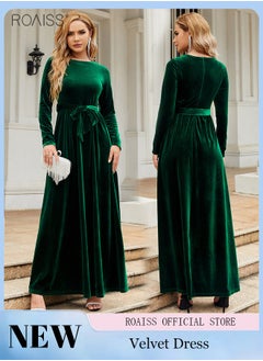 اشتري Women's Fashionable Velvet Dress Long Sleeve Round Neck Banquet Dress Elegant Pleated Dress Hem Belt Tightens Ankle Length في السعودية