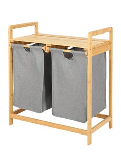 Buy Bamboo Laundry Hamper with Shelf, 2 Section Wooden Laundry Basket with Sliding Removable Bags, Freestanding Laundry Sorter for Bathroom Bedroom Living Room Laundry Room, Grey Pull-Out Bags in Saudi Arabia