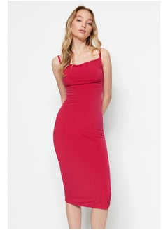 اشتري Fuchsia Fitted Neckline Midi Straps Flexible Knitted Midi Dress TWOSS19AD0020 في مصر