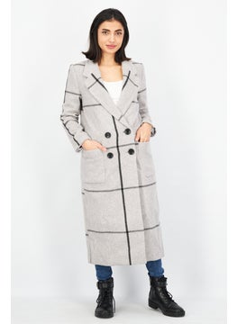 Buy Women Plaid Trench Coat, Grey in UAE