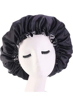 Buy Women's Adjustable Reversible Satin Bonnet Soft Double Sided Sleep Cap Black in UAE