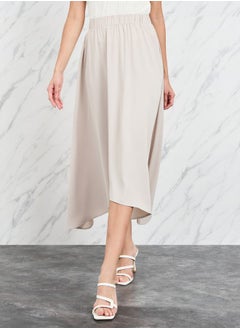 Buy Solid High Low Hem Elastic Waistband Midi Skirt in Saudi Arabia