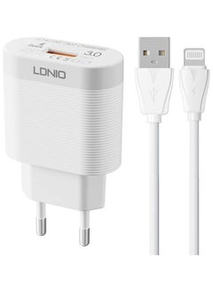 اشتري LDNIO A303Q شاحن سريع مع كابل من USB إلى Lightning ومنفذ USB 18 واط - أبيض في مصر