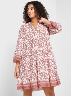 Buy Notched Neck Printed Tiered Dress in UAE
