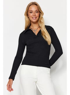 Buy Black Premium Textured Slim Half-Placed Polo Neck Flexible Knitted Blouse TWOAW24BZ00312 in Egypt