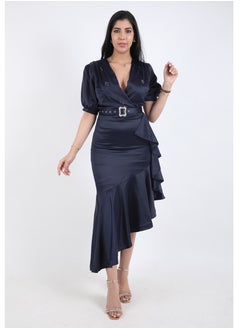 Buy Satin Dress with text Sleeves and  a belt decorated with crystals ,Navy in Saudi Arabia