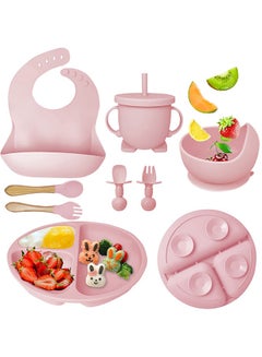 Buy 8-Piece Durable Baby Feeding Set, Dishwasher Safe BPA Free Led Weaning Supplies for Toddlers with SIlicone Bib, Sippy Cup, Forks, Spoons, Suction Bowl and Plate, Pink in Saudi Arabia