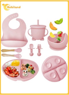 Buy 8-Piece Durable Baby Feeding Set, Dishwasher Safe BPA Free Led Weaning Supplies for Toddlers with SIlicone Bib, Sippy Cup, Forks, Spoons, Suction Bowl and Plate, Pink in UAE