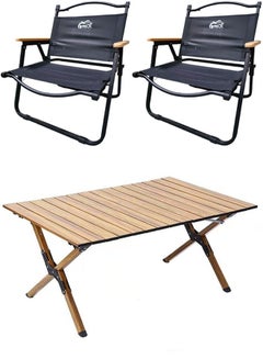 Buy Portable Folding Table with 2 Chairs Set Wooden table Outdoor and Indoor Picnic Camping set in UAE