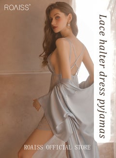 Buy 2 Piece Nightgown Set Women's Sweet Halter Nightdress Lace Lingerie Sleepwear Home Dress Set Romantic Elegant Pajamas Ladies Spring Autumn Robe Loungewear in Saudi Arabia