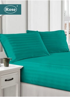 Buy Rose Luxurious Hotel Stripe Fitted Sheet with Deep Pockets and Pillow Cases, Bed Sheet 3-Pieces Set, Soft & Silky Microfiber Fabric, Breathable and Cooling (King Size 200X200+35 cm - Teal) in Saudi Arabia