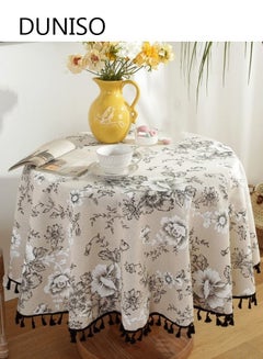 اشتري Flower Print Tassel Cotton Linen Round Tablecloth 140cm For Dining Room And Kitchen Tabletop Decoration في السعودية