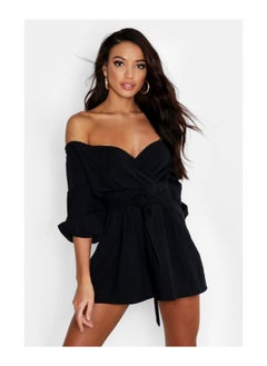 اشتري Linen Mix Bardot Belted Wrap Playsuit في الامارات