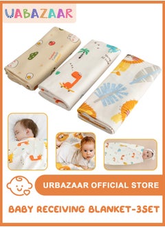 Buy 3 PCS Baby Swaddle Blanket for Newborn Infant Swaddling Wrap Babies Sleeping Bag for Boy Girl Soft Cotton Sleep Sack(Yellow lion + cute dinosaur + fruit rabbit) in UAE