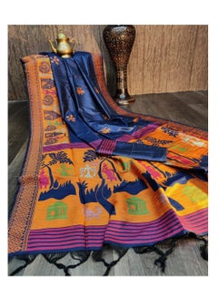 Buy Blue Khadi Silk Saree with Weaving design Plus Unstitched Blouse in UAE
