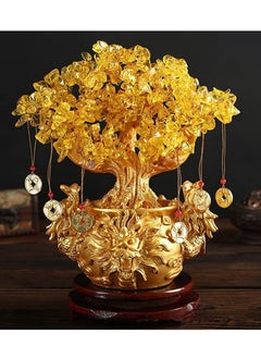 Buy Feng Shui Money Tree, Office Home Table Decor Plants Flowers Artificial Trees Yellow Crystal Lucky Tree with Chinese Dragon Flowerpot with 360 Degree rotation Base Copper Coin String Decoration in UAE