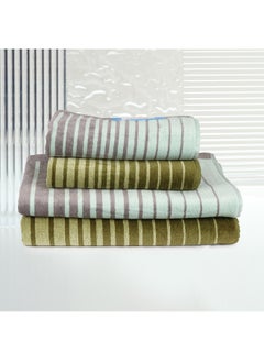 اشتري 4 Piece Bathroom Towel Set BOUNDRY 450 GSM 100% Cotton Velour 2 Bath Towel 70x140 cm & 2 Hand Towel 50x90 cm Turquoise & Green Color Modern Stripe Design Luxury Touch Extra Absorbent في الامارات