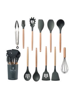 اشتري 11-Piece Wooden Handle Non Stick Cookware Spoon Set Black/Brown في السعودية