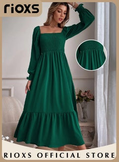 Buy Women's Elegant Square Neck Long Sleeve Dress Ruffle High Waist Open Cuff Dress Fashion Bodycon Maxi Dress in UAE