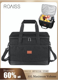 Buy Outdoor 33L Large Cooler Bag Insulated Handbag Reusable Waterproof Oxford Ice Refrigerated Lightweight Fresh-keeping for Men Women Picnic BBQ Beach Lunch Black in UAE