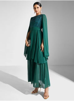 Buy Layered Dress With Slit Sleeves in UAE