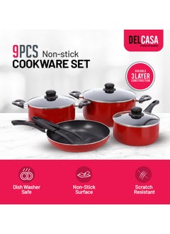 اشتري DelCasa Nonstick Cookware Set 9pcs Aluminum Cookware DC1995 24x12cm Casserole with Lid, 20x10cm Casserole with Lid, 24x4.5cm Fry pan, 18x8.5cm Saucepan with Lid, 2pcs nylon tool في الامارات